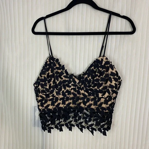 Bardot Black Lace Crop Top Nude Lined Bustier Cami Size US 10 Spaghetti Strap - Picture 2 of 8